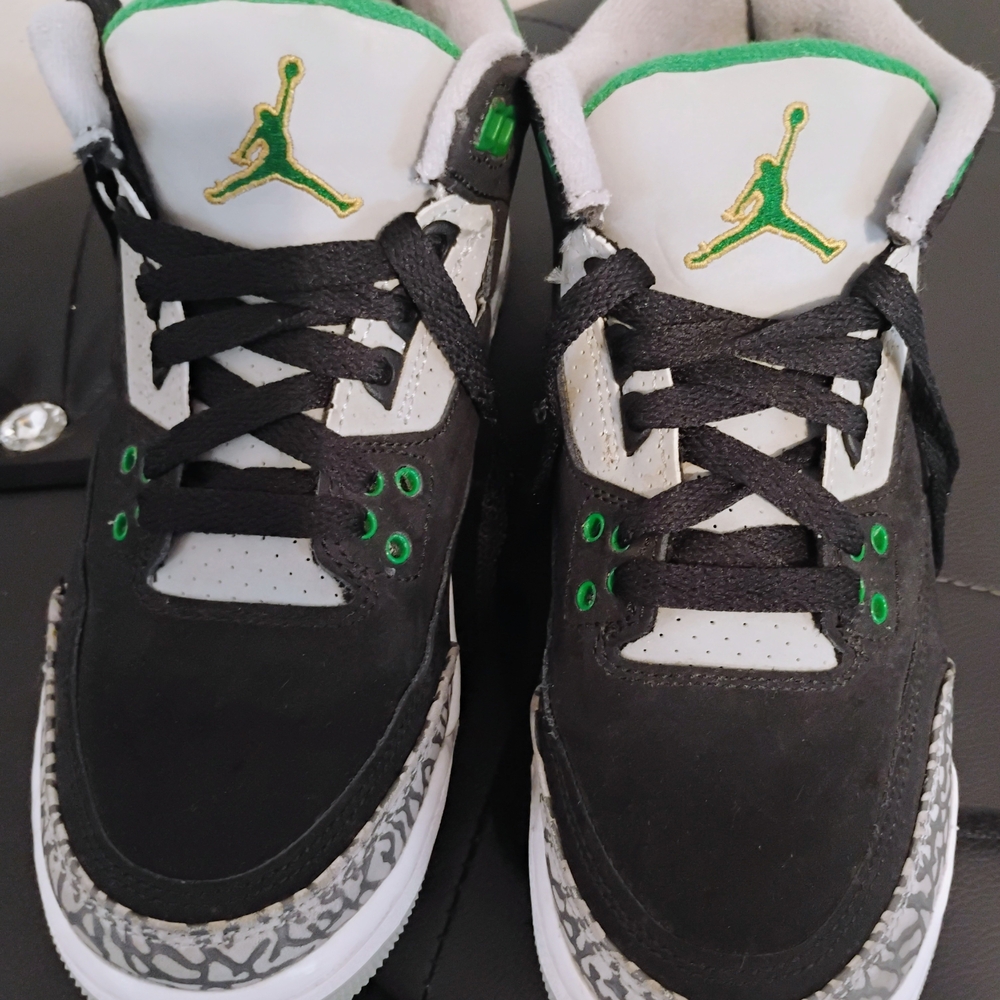 Jordan Kids Black and White Sneakers with Green Highlights